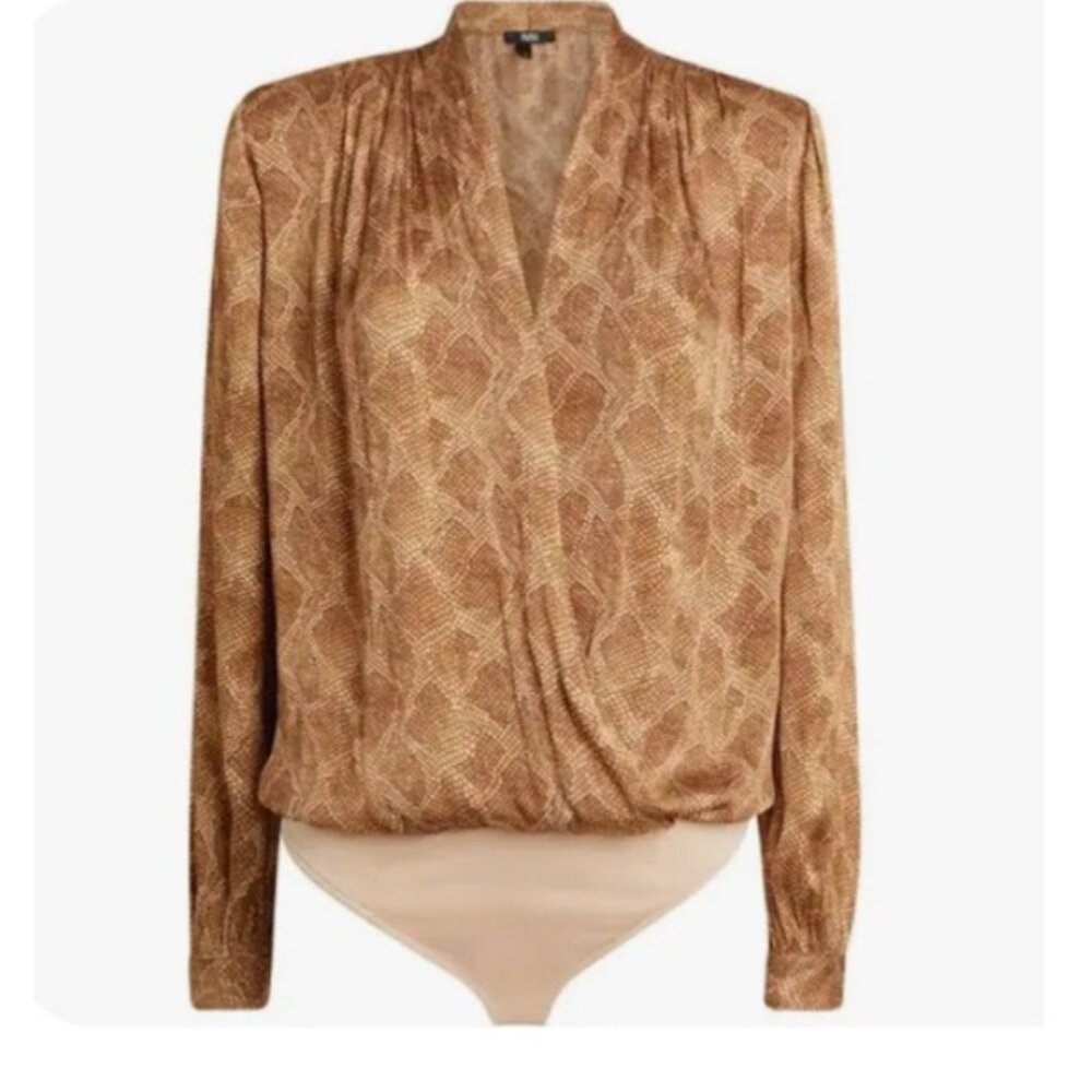 Paige Sevilla Snake Print Bodysuit Brown‎ boho relaxed satin 90s sz S